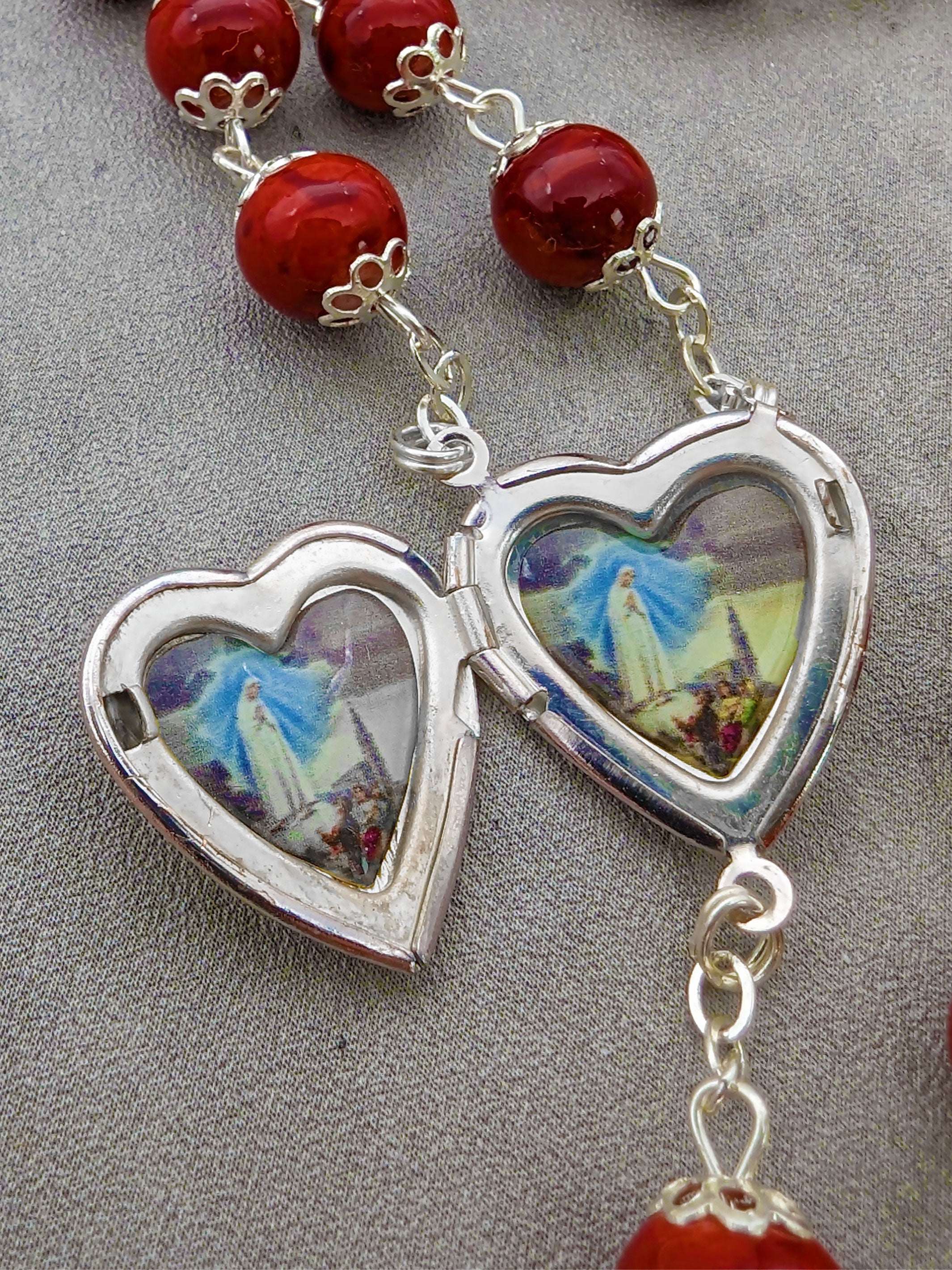 Handmade Sacred Heart Locket Our Lady of Fatima Rosary Glass Beads