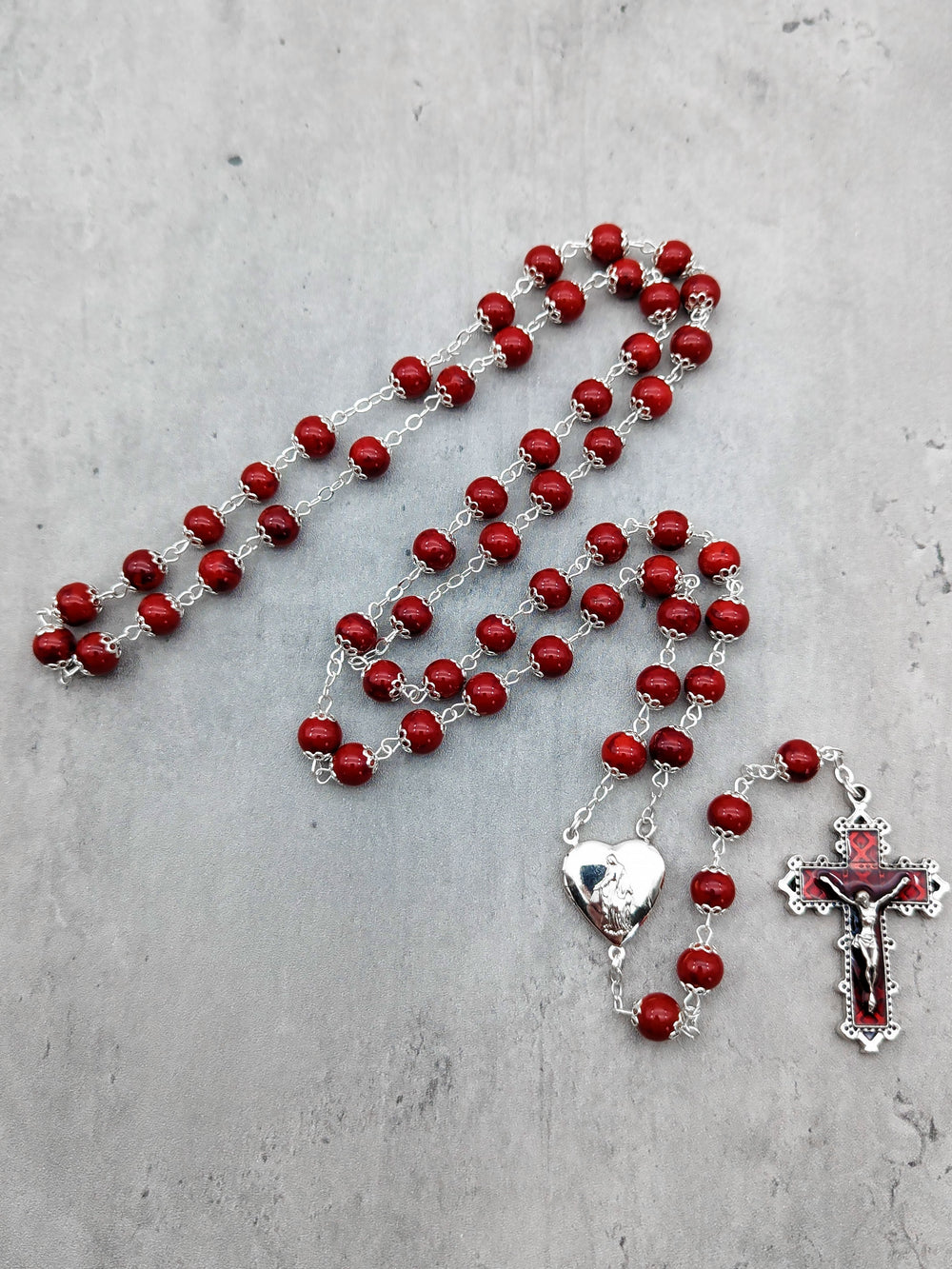 Handmade Sacred Heart Locket Our Lady of Fatima Rosary Glass Beads