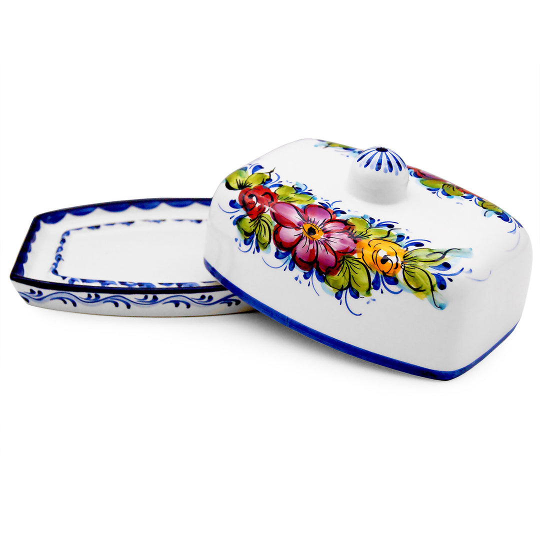 Portuguese Pottery Alcobaça Ceramic Hand Painted Butter Dish with Lid Made in Portugal