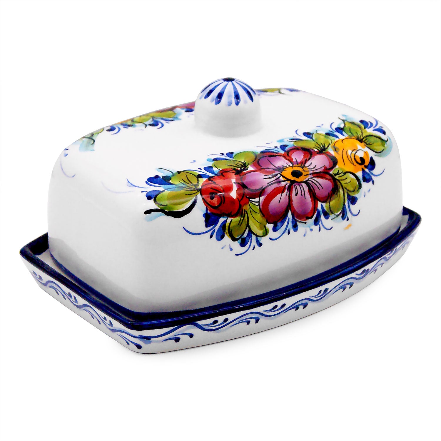 Portuguese Pottery Alcobaça Ceramic Hand Painted Butter Dish with Lid Made in Portugal