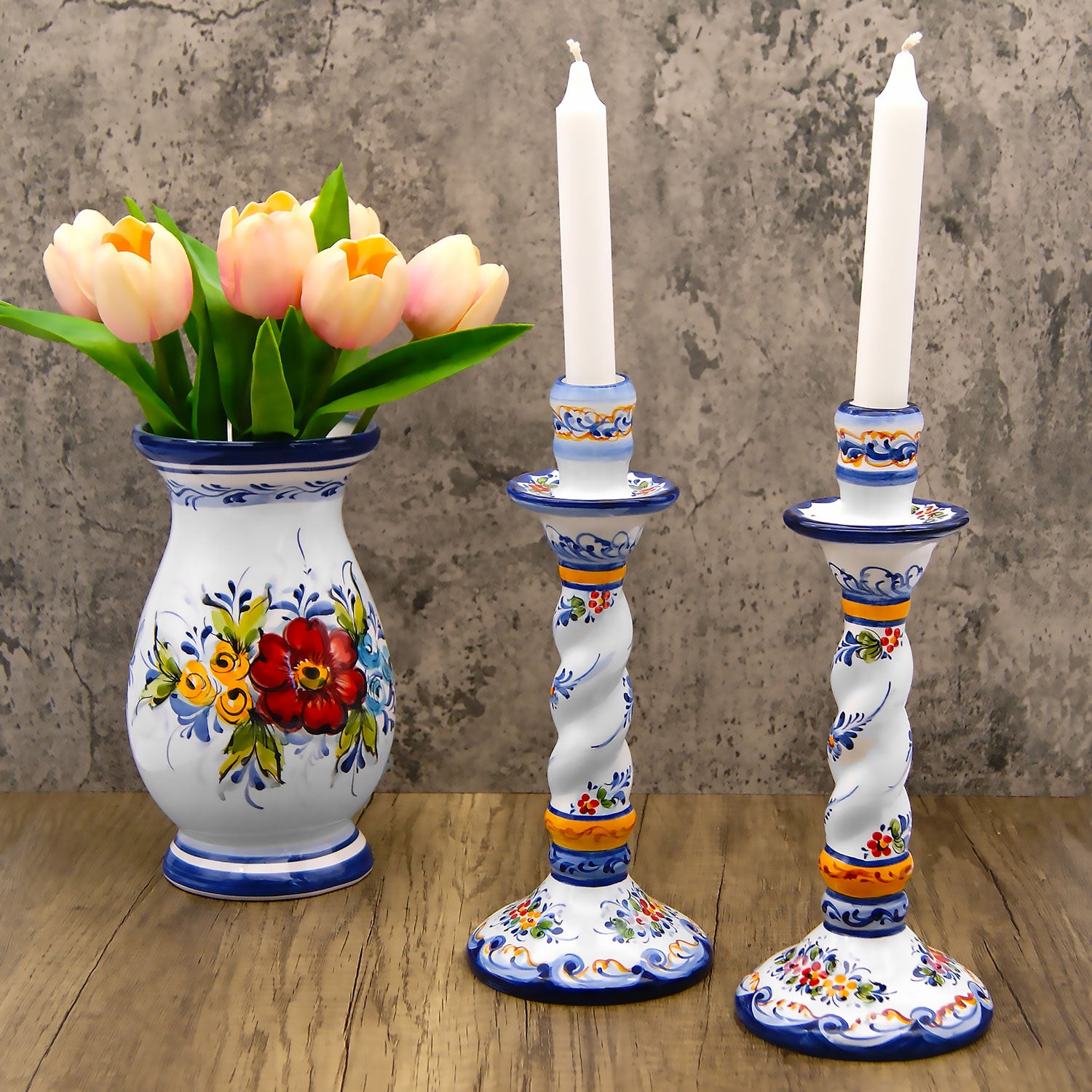 Portuguese Pottery Alcobaça Ceramic Hand Painted Ceramic Candle Holder – Set of 2