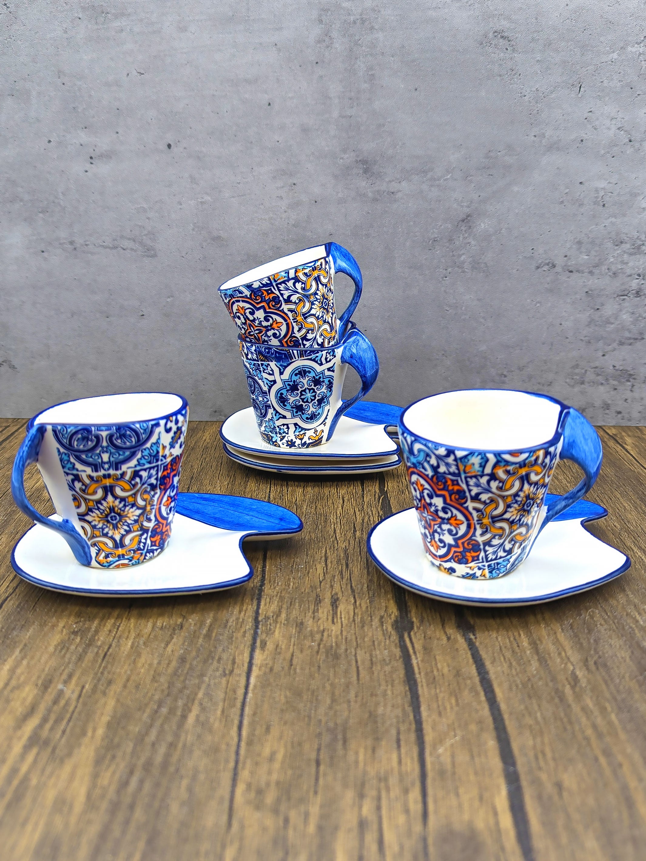 Portuguese Pottery Alcobaça Ceramic Hand Painted Coffee Espresso Cups – Set of 4