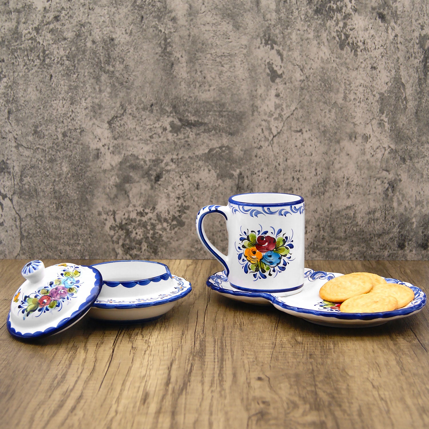 Portuguese Pottery Alcobaça Ceramic Hand Painted Coffee Mug with Tray
