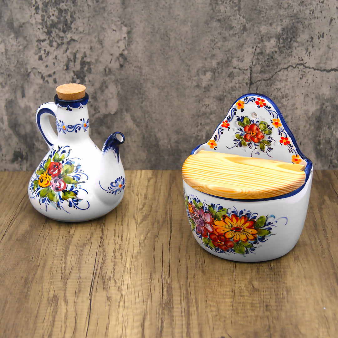 Portuguese Pottery Alcobaça Ceramic Hand Painted Olive Oil Cruet Bottle Dispenser