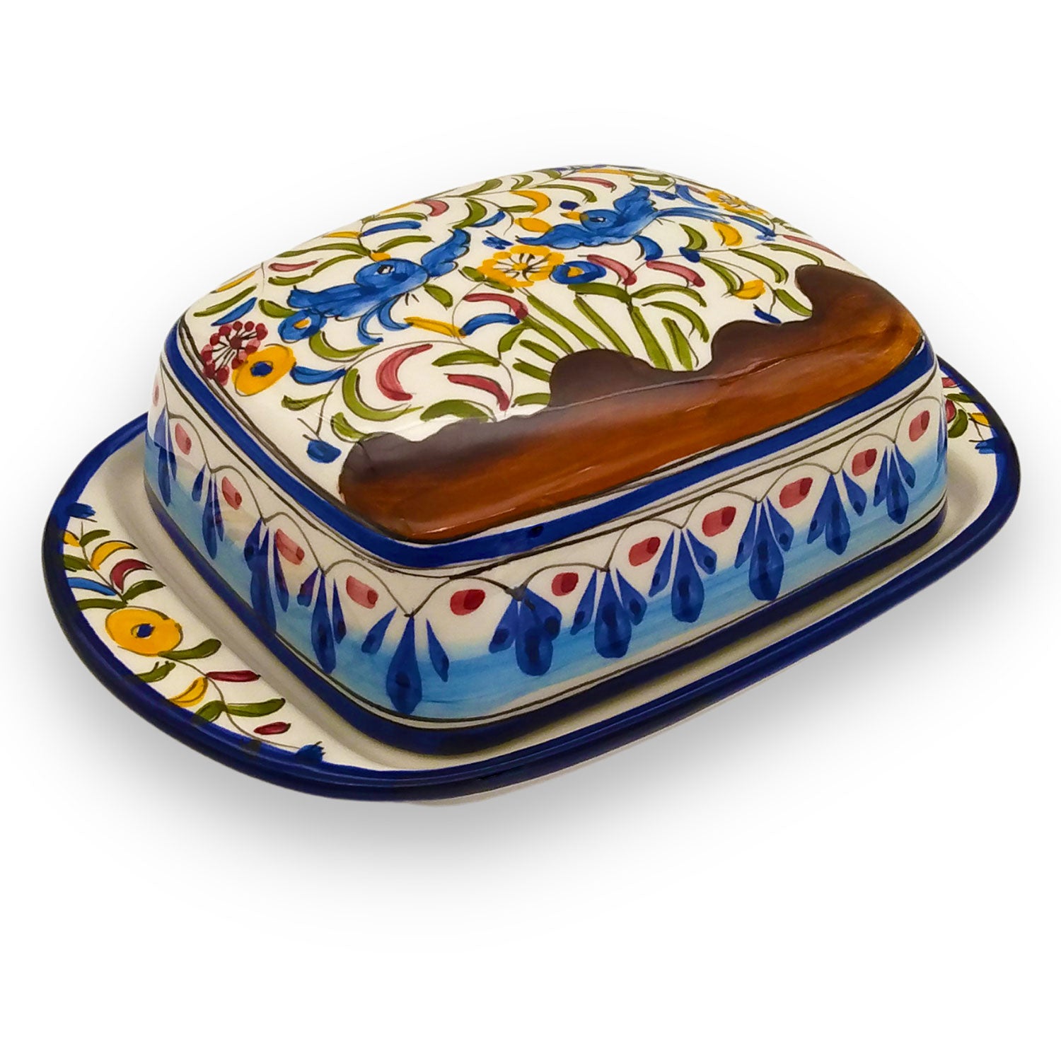 Portuguese Pottery Ceramic Hand Painted Butter Dish with Lid