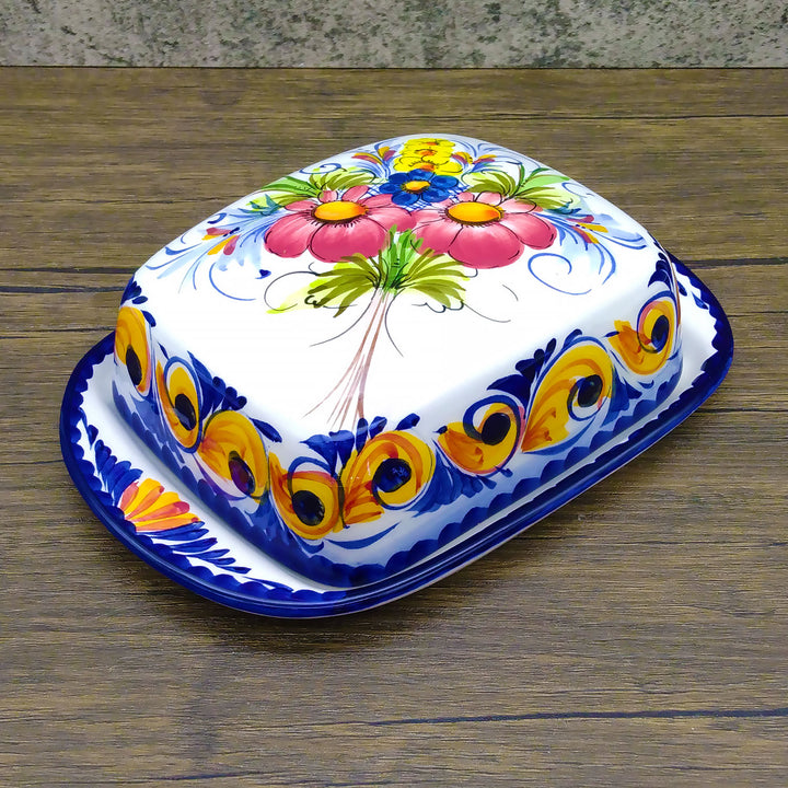 Portuguese Pottery Ceramic Hand Painted Butter Dish with Lid