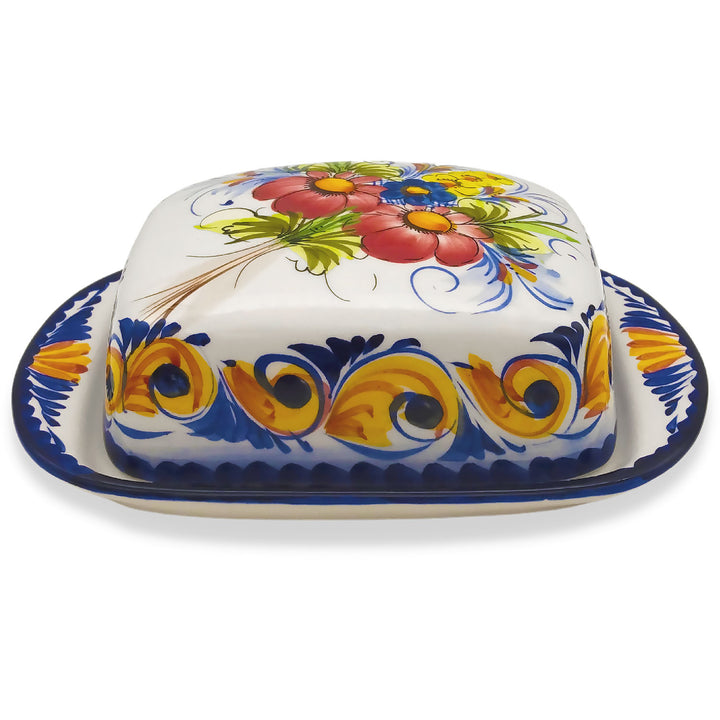 Portuguese Pottery Ceramic Hand Painted Butter Dish with Lid