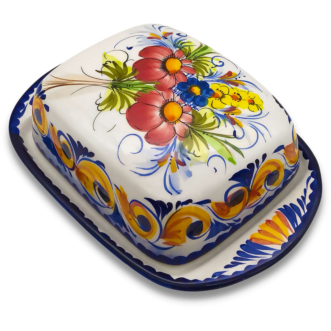 Portuguese Pottery Ceramic Hand Painted Butter Dish with Lid