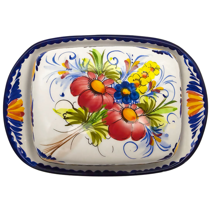 Portuguese Pottery Ceramic Hand Painted Butter Dish with Lid