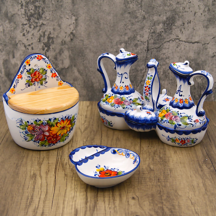 Portuguese Pottery Hand Painted Ceramic Olive Oil, Vinegar, Salt and Pepper Dispenser Cruet Set 