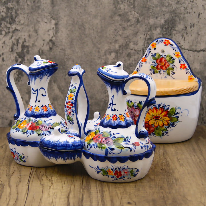 Portuguese Pottery Hand Painted Ceramic Olive Oil, Vinegar, Salt and Pepper Dispenser Cruet Set 