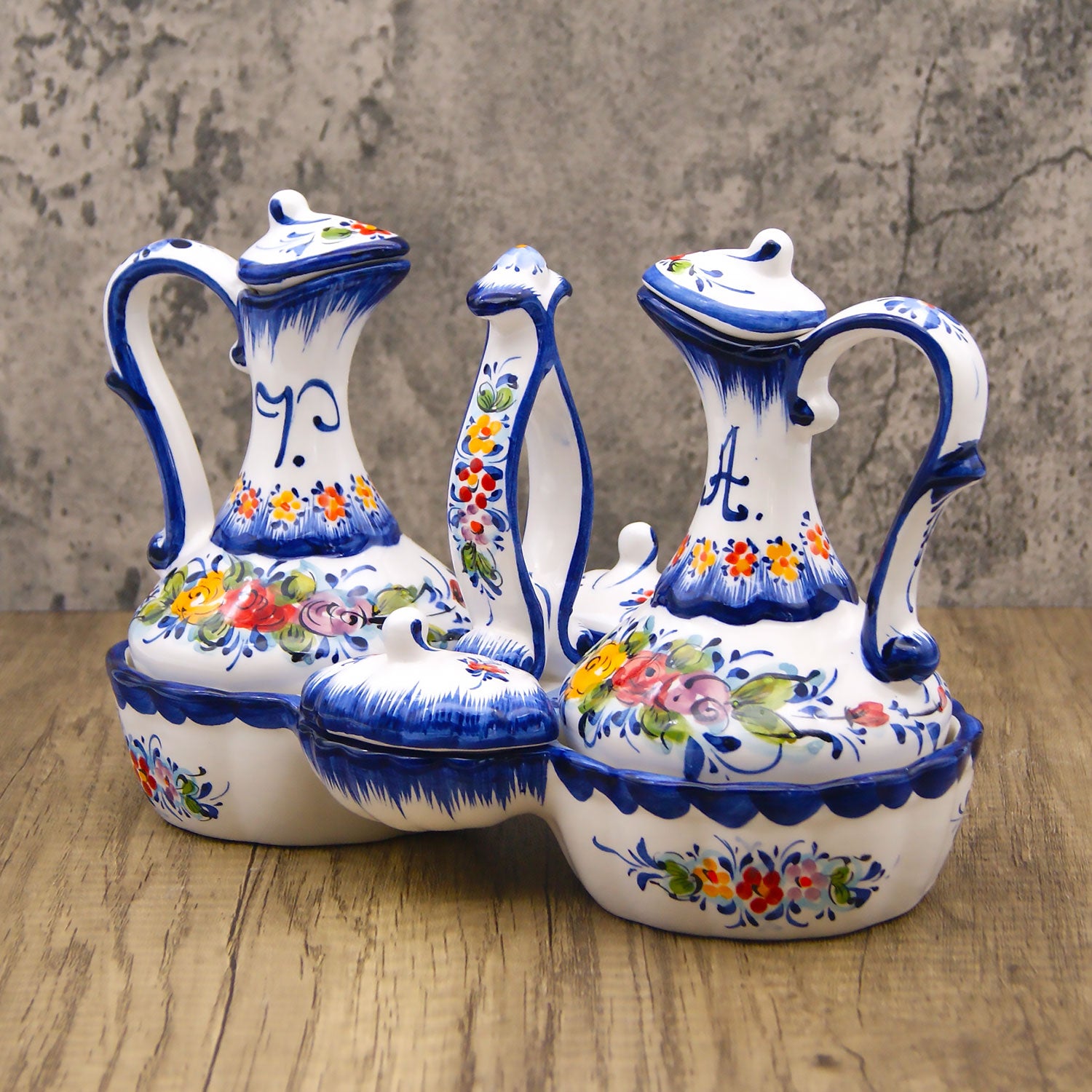 Hand Painted Portuguese Ceramic Oil, Vinegar, Salt & Pepper Cruet