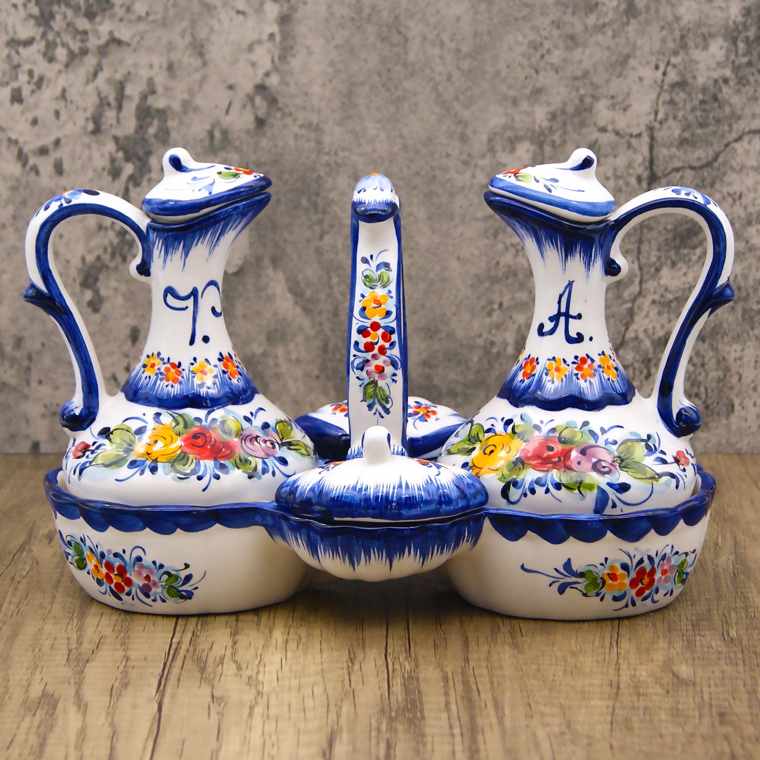 Portuguese Pottery Hand Painted Ceramic Olive Oil, Vinegar, Salt and Pepper Dispenser Cruet Set 