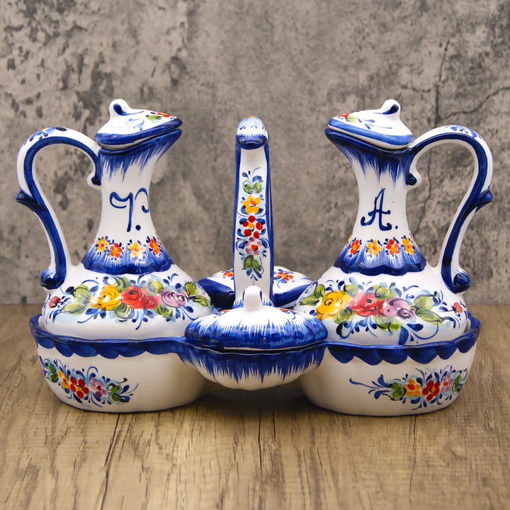 Portuguese Pottery Hand Painted Ceramic Olive Oil, Vinegar, Salt and Pepper Dispenser Cruet Set 