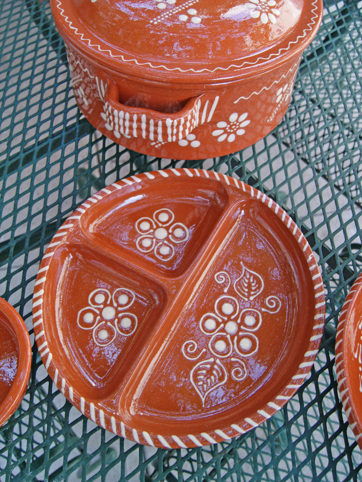 Portuguese Pottery Terracotta Glazed Clay Divided Appetizer Dish