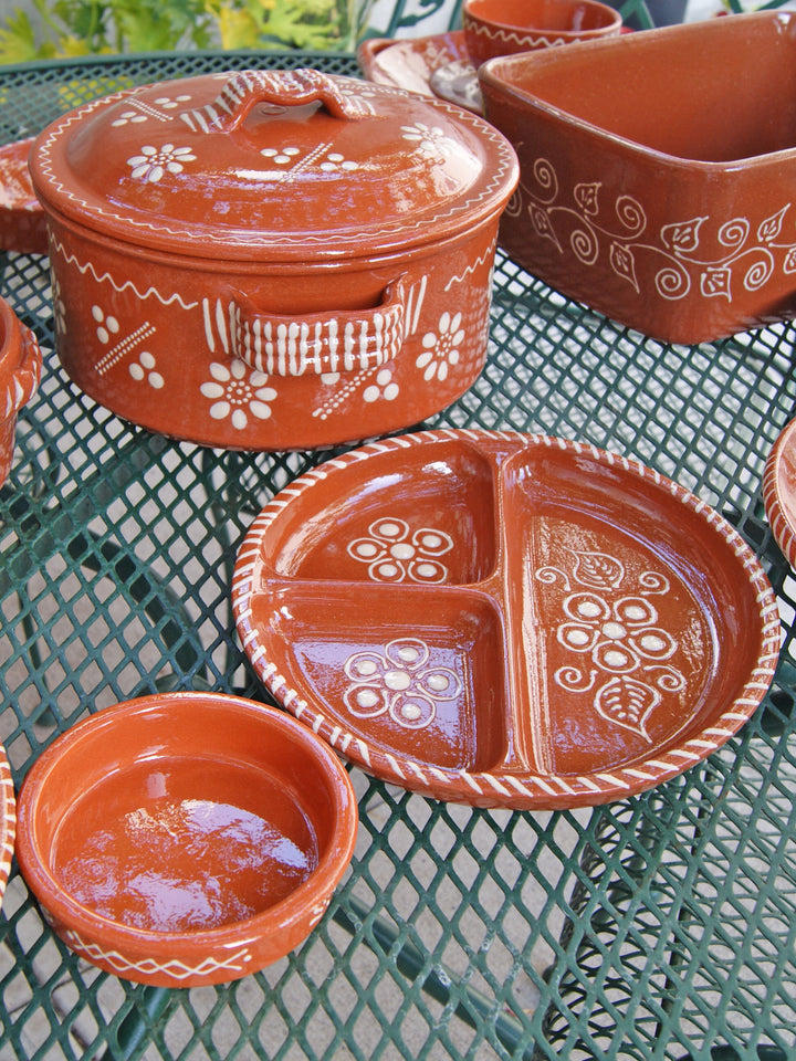 Portuguese Pottery Terracotta Glazed Clay Divided Appetizer Dish