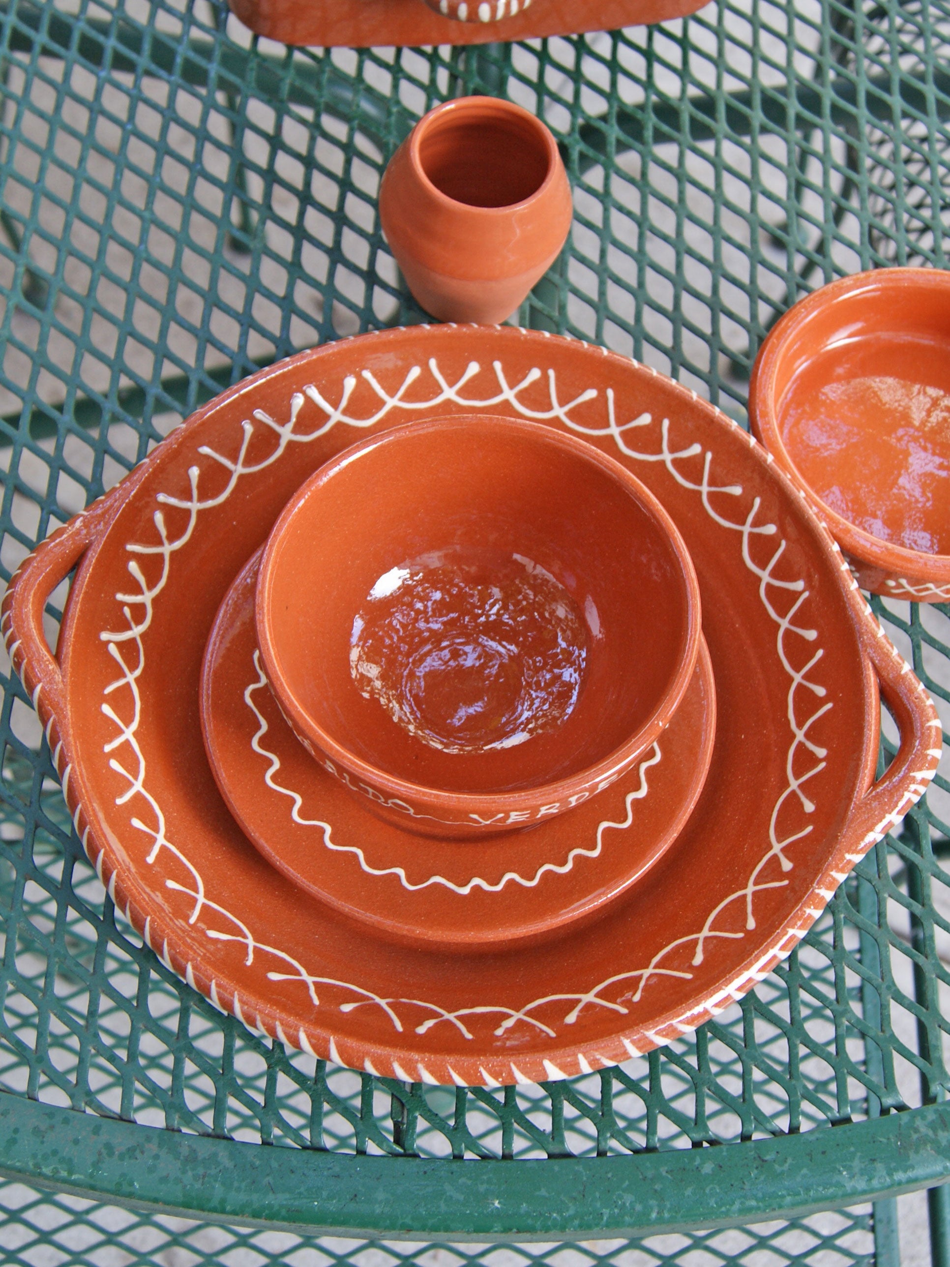 Portuguese Pottery Terracotta Glazed Clay Soup Bowls with Plate - Set of 4