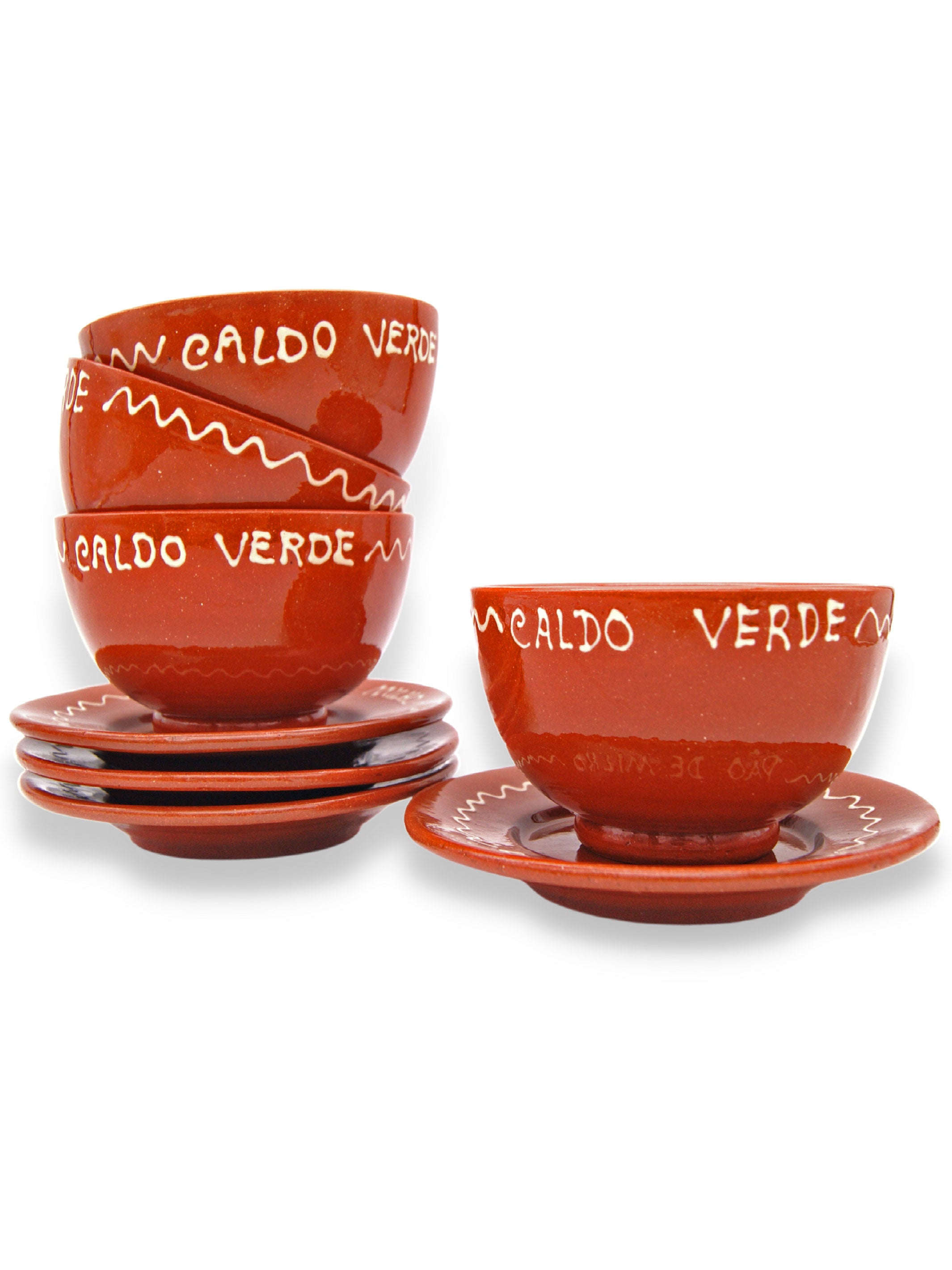 Portuguese Pottery Terracotta Glazed Clay Soup Bowls with Plate - Set of 4