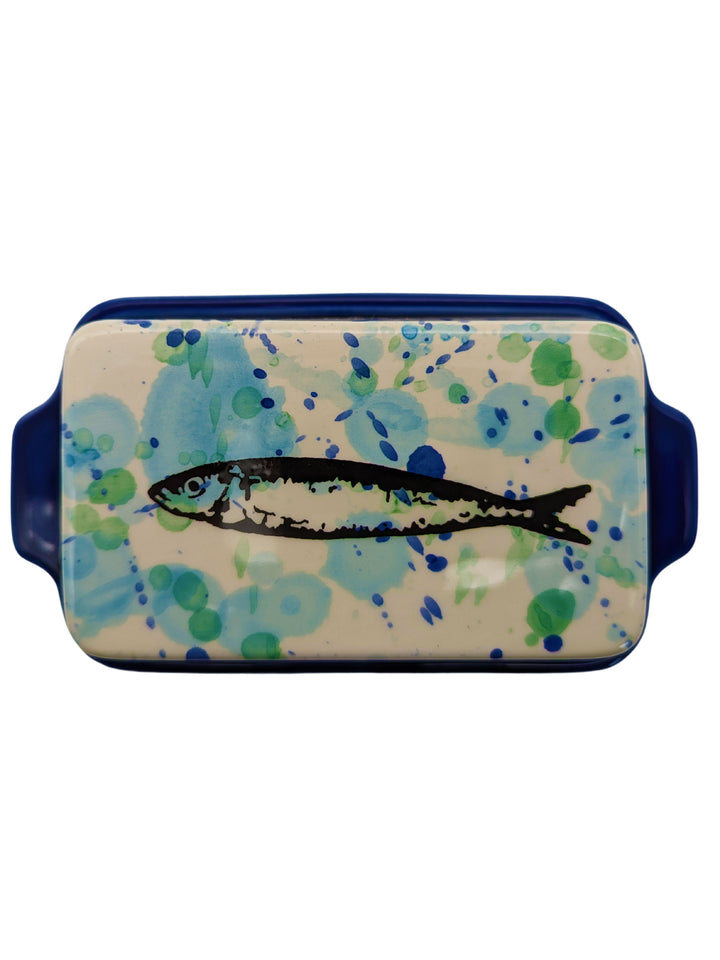Splash Sardine Portuguese Pottery Ceramic Hand Painted Butter Dish with Lid