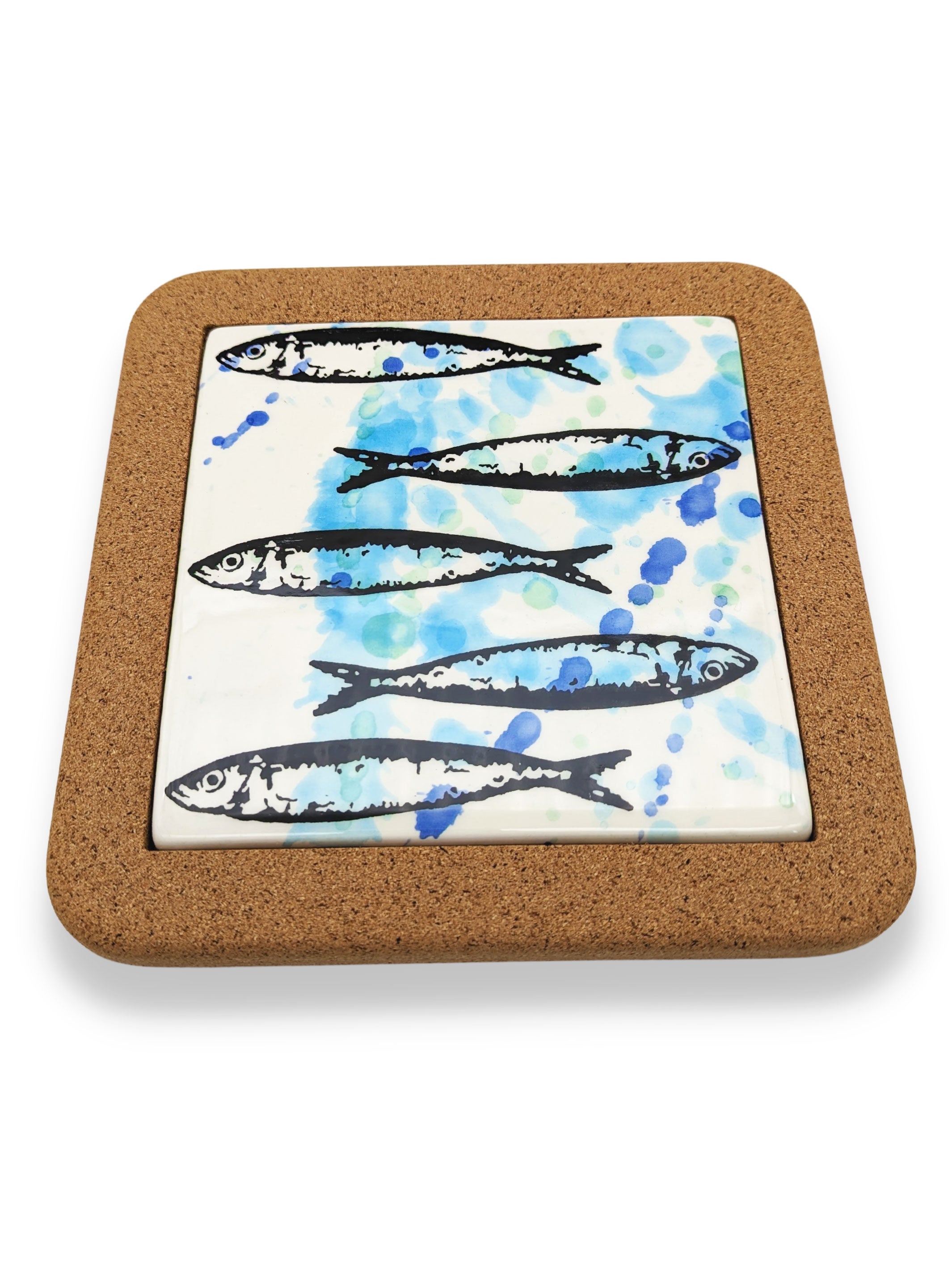 Splash Sardine Portuguese Pottery Ceramic Square Trivet Cork Base