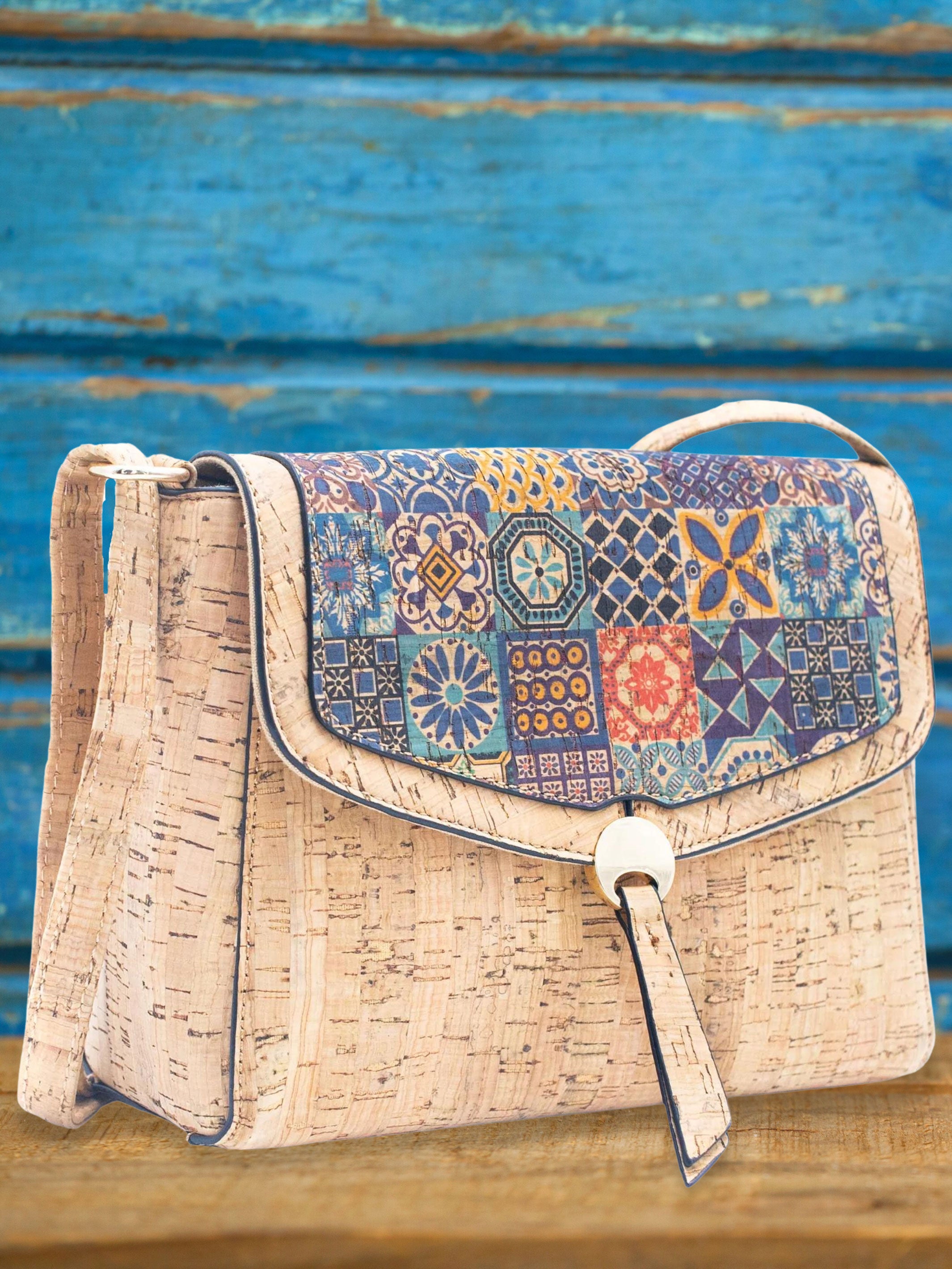 Tile Pattern Handmade Portuguese Cork Purse Crossbody Shoulder Bag