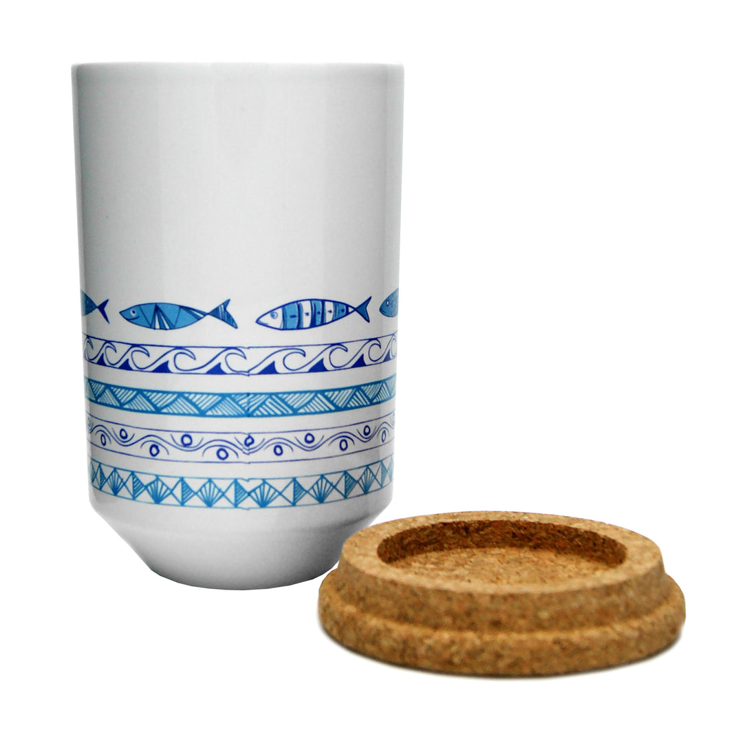 Made in Portugal ceramic tea cup with cork lid and coaster.